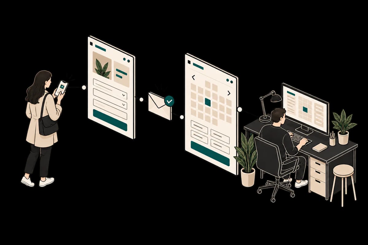 A connected enquiry, confirmation, and booking flow illustrating a Digital Growth Upgrade.
