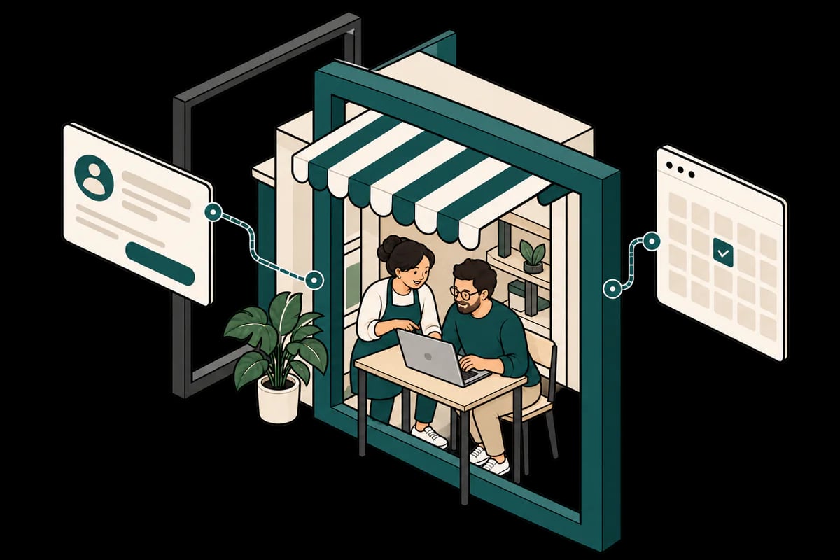 A business owner and specialist connecting a small shop to enquiry and booking tools within a new teal frame.