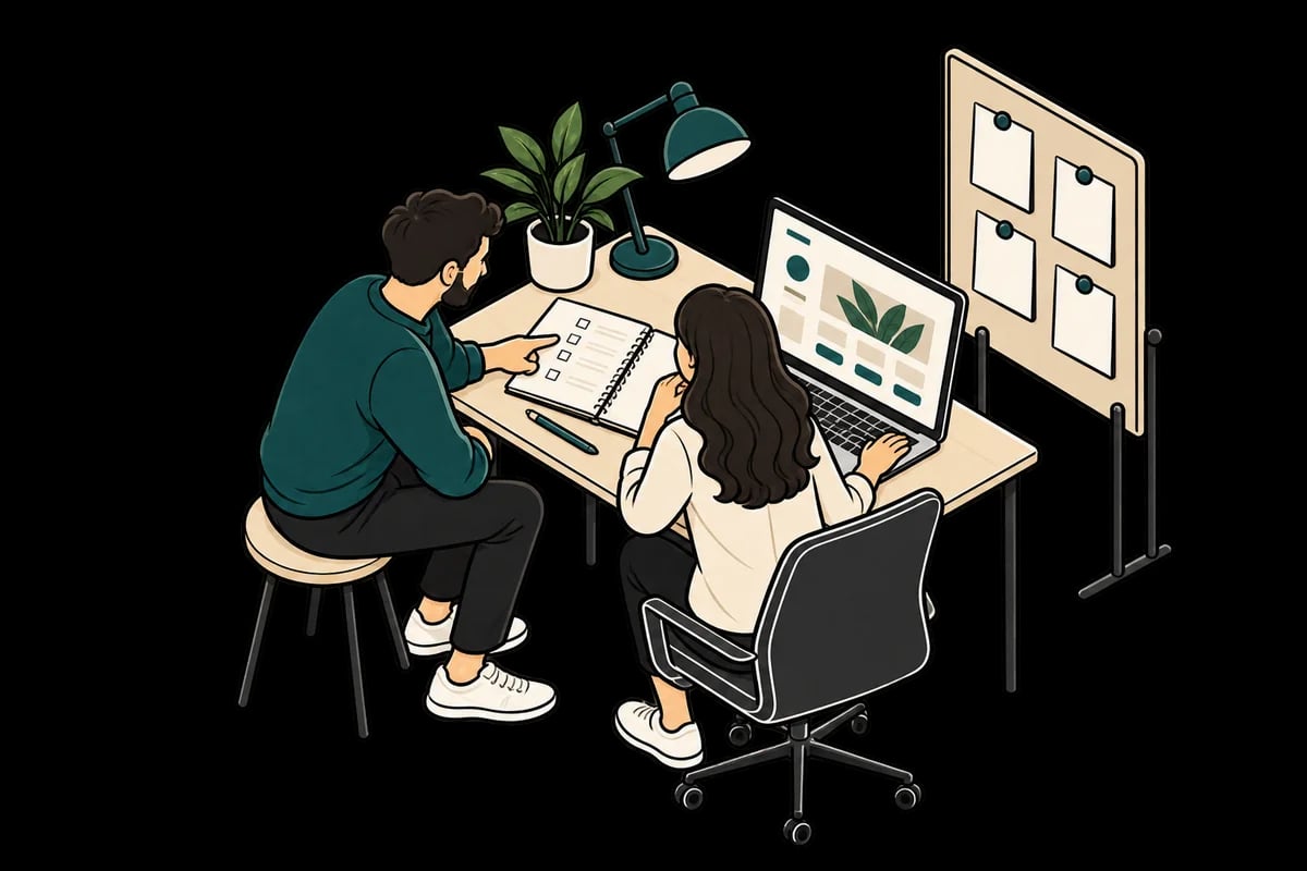 A business owner and specialist reviewing a working preview and a short plan together in the owner's workspace.