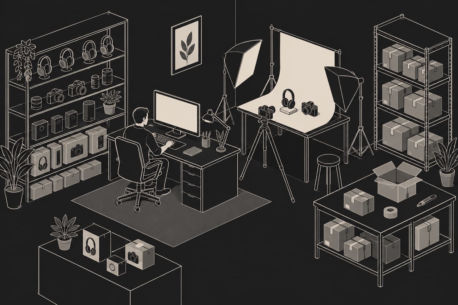 Isometric electronics studio with product photography and catalog workstation