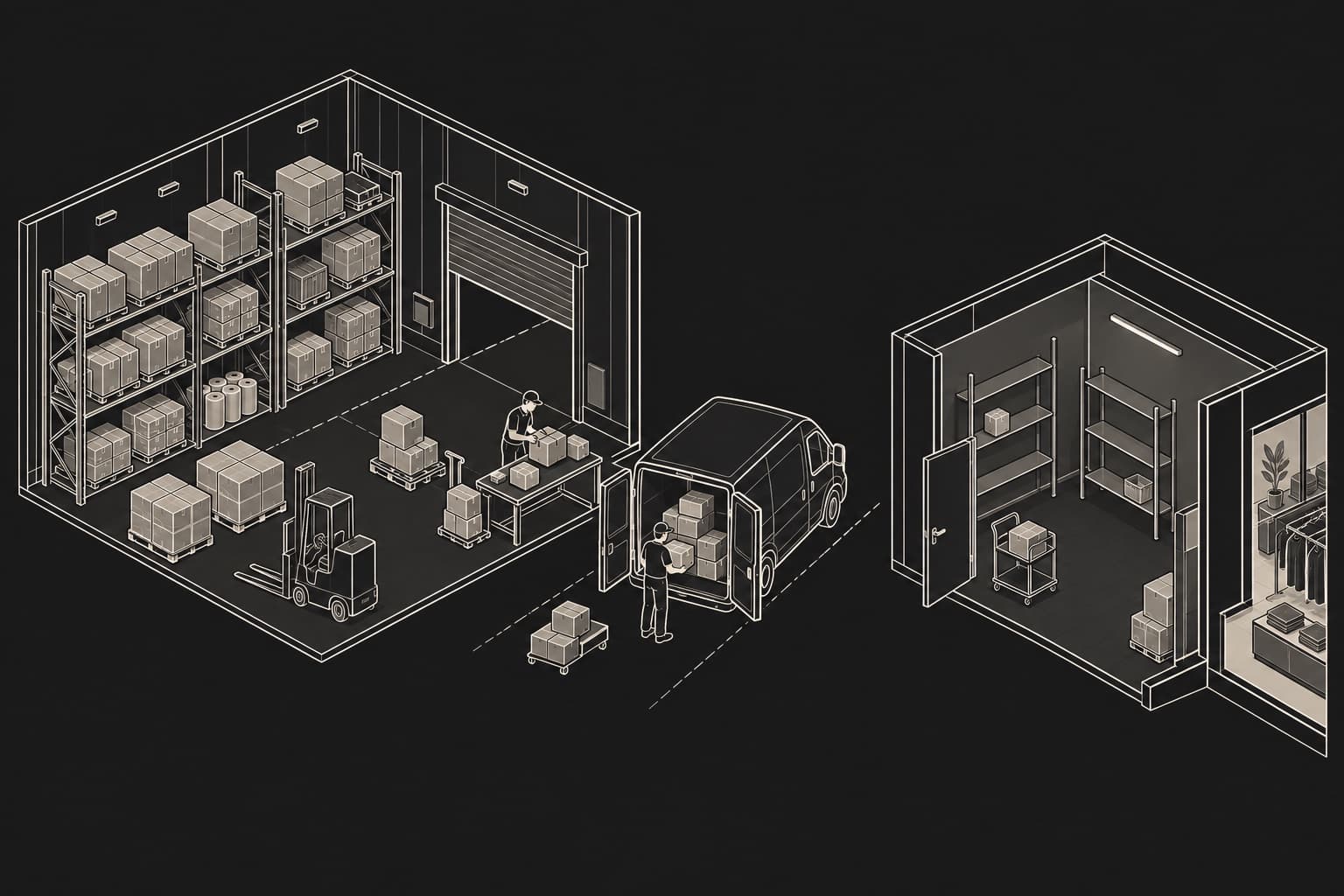 Isometric warehouse and retail stockroom connected by a delivery vehicle