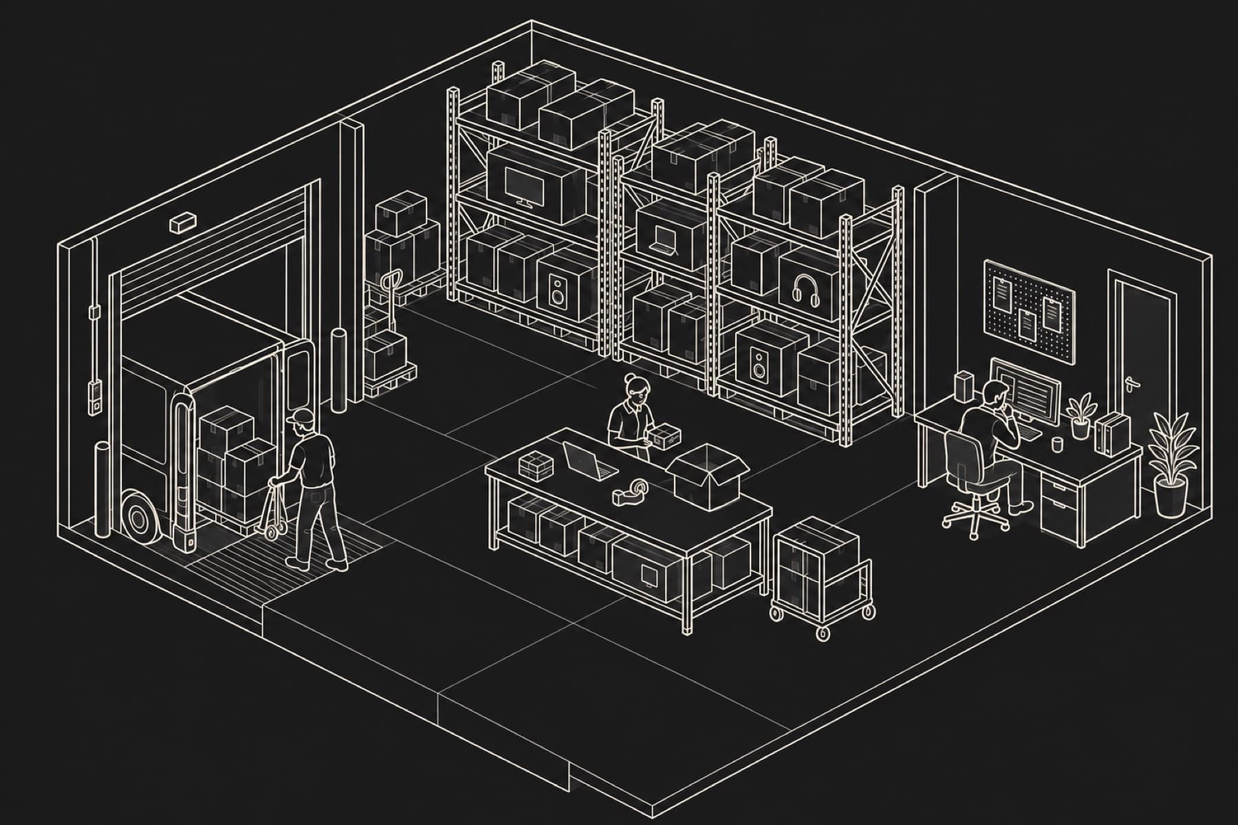 Isometric electronics warehouse with a loading bay, stocked shelves, packing station, and support desk