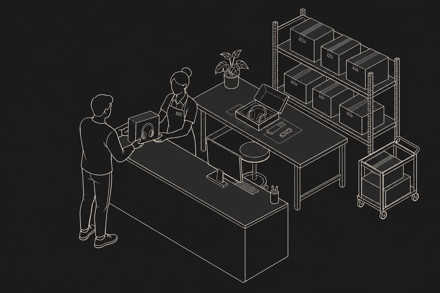 Isometric returns counter with product inspection and a support workstation